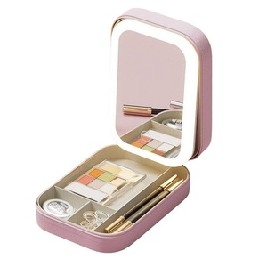 Catzon Travel Makeup Bag with LED Mirror 3 Colors Modes Integrated Makeup Storage Box Pink