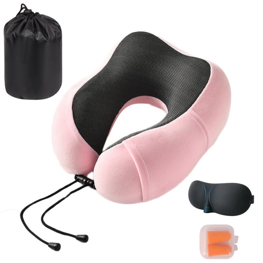 Catzon Travel Neck Pillow Premium Memory Foam for Airplane Car Office-Pink