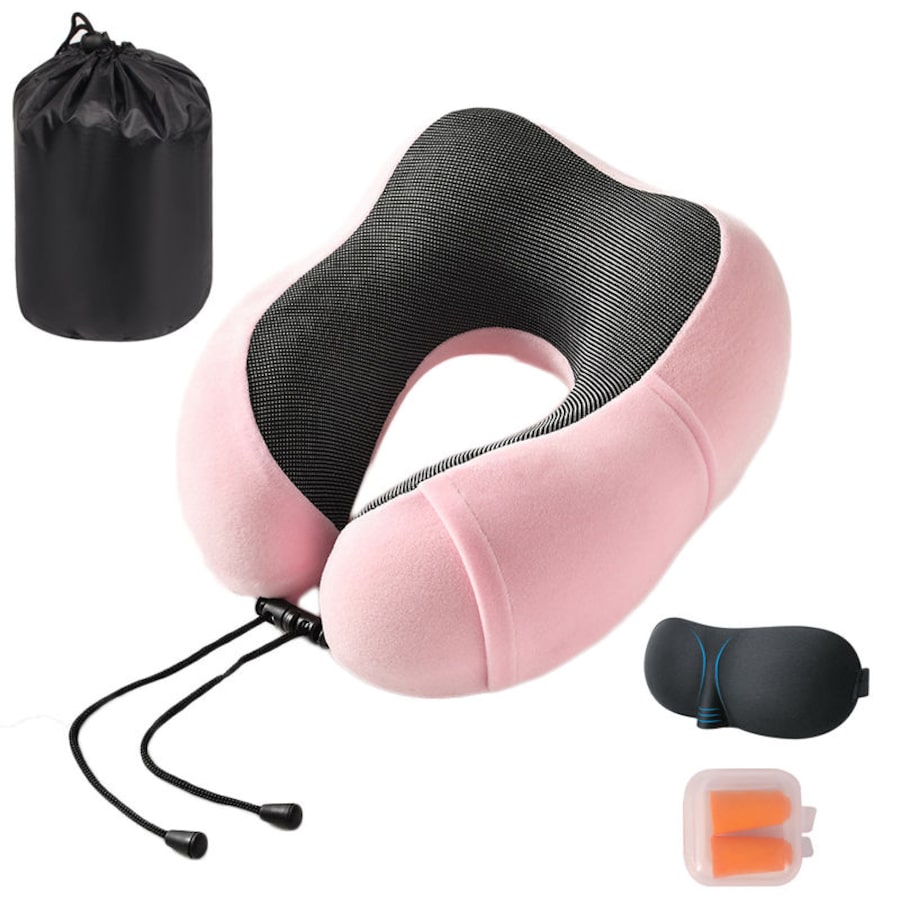 Catzon Travel Neck Pillow Premium Memory Foam for Airplane Car Office-Pink