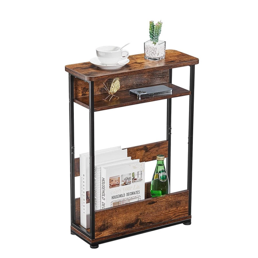 Catzon Vintage Narrow Side Table with Magazine Rack 3-Tier for Small Space-Brown
