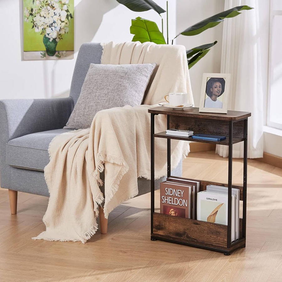Catzon Vintage Narrow Side Table with Magazine Rack 3-Tier for Small Space-Brown