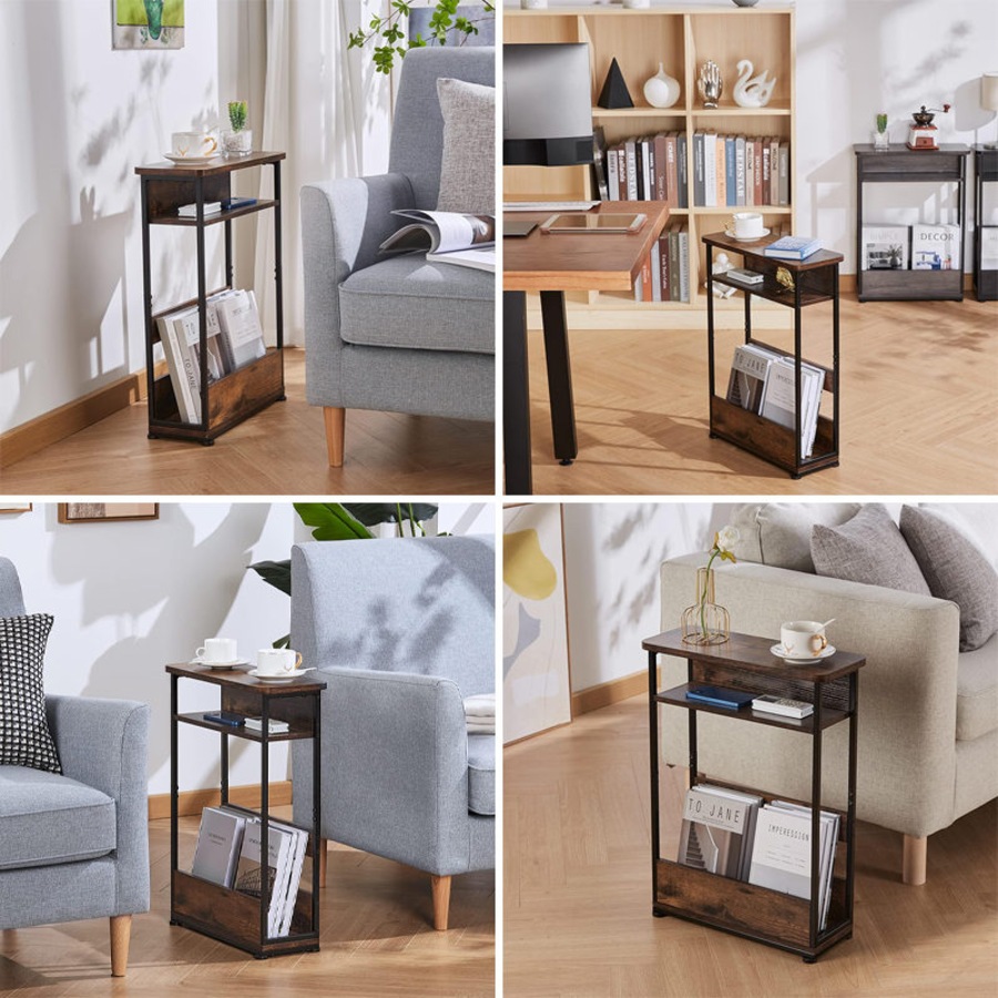 Catzon Vintage Narrow Side Table with Magazine Rack 3-Tier for Small Space-Brown