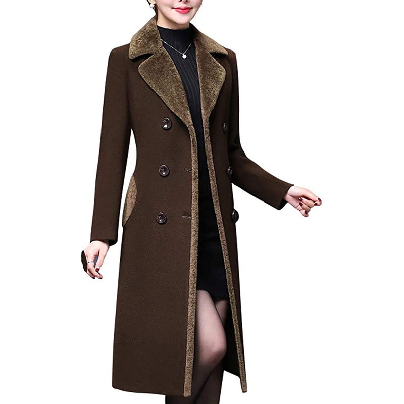 Buy Catzon Womens Winter Wool Blend Long Coat Double Breasted Lapel ...