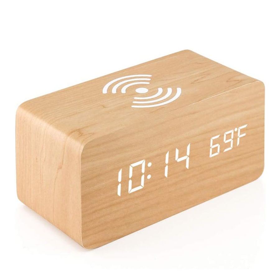 Catzon Wooden Alarm Clock with Qi Wireless Charging Pad Compatible with iPhone Samsung-Bamboo