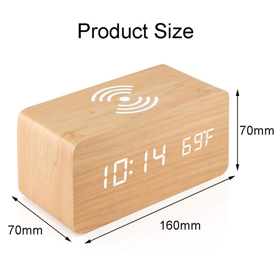 Catzon Wooden Alarm Clock with Qi Wireless Charging Pad Compatible with iPhone Samsung-Bamboo