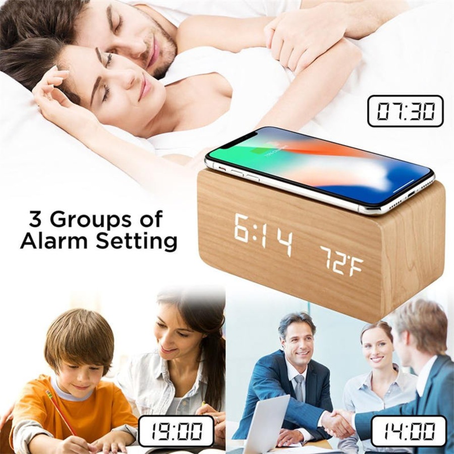 Catzon Wooden Alarm Clock with Qi Wireless Charging Pad Compatible with iPhone Samsung-Bamboo
