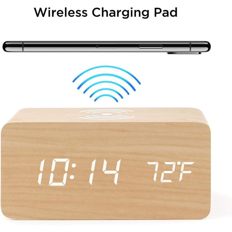 Catzon Wooden Alarm Clock with Qi Wireless Charging Pad Compatible with iPhone Samsung-Bamboo