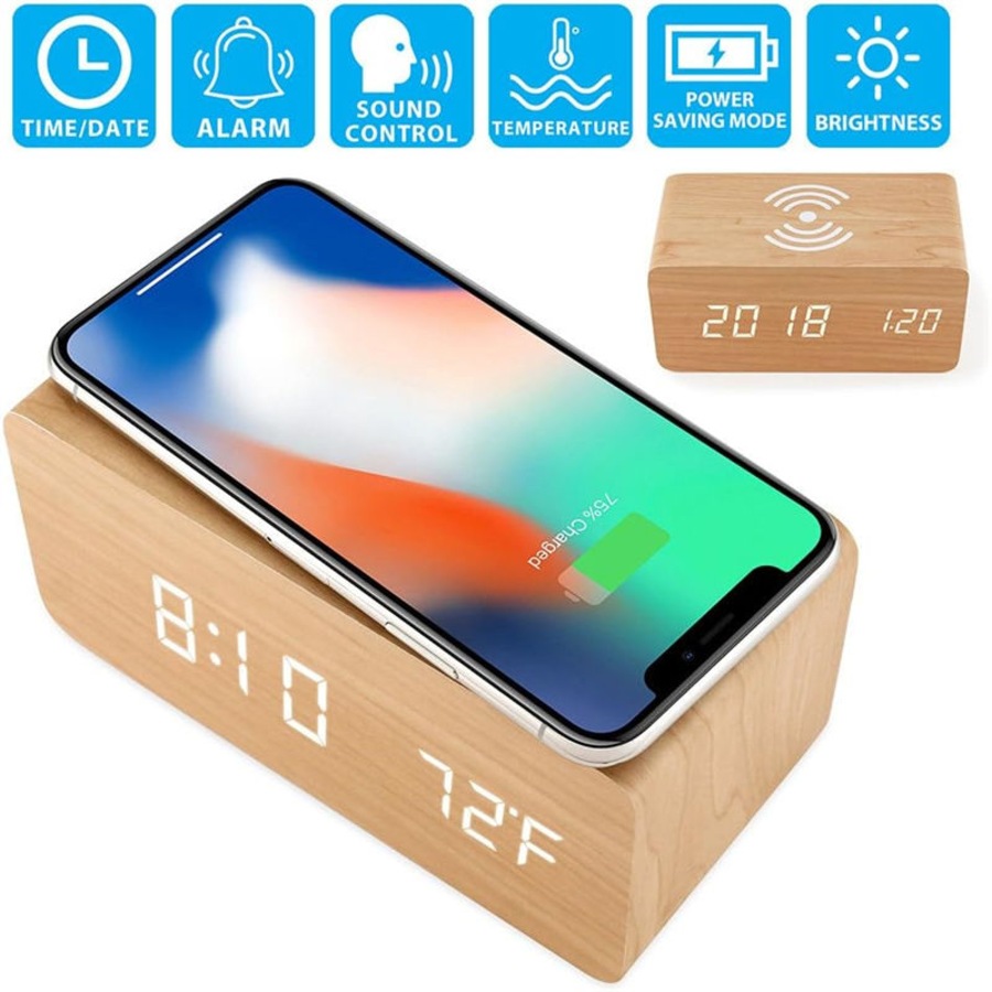 Catzon Wooden Alarm Clock with Qi Wireless Charging Pad Compatible with iPhone Samsung-Bamboo