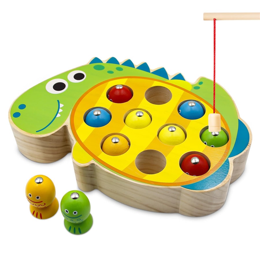 Catzon Wooden Magnetic Fishing Game Fine Motor Skills Toys for Toddlers-Dinosaur