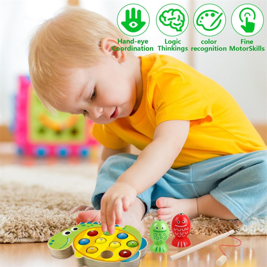 Catzon Wooden Magnetic Fishing Game Fine Motor Skills Toys for Toddlers-Dinosaur