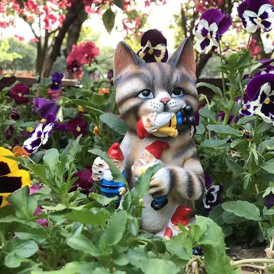 Catzon Garden Mischievous Cat Gnome Statue Lawn Ornaments Suitable for Indoor Outdoor Patio