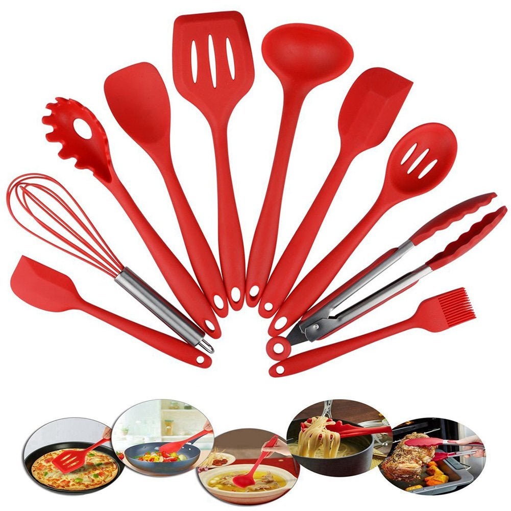 Catzon 10 Piece Cooking Utensils Silicone Kitchen Utensils Set, Non-toxic Hygienic Safety Heat Resistant(Red)