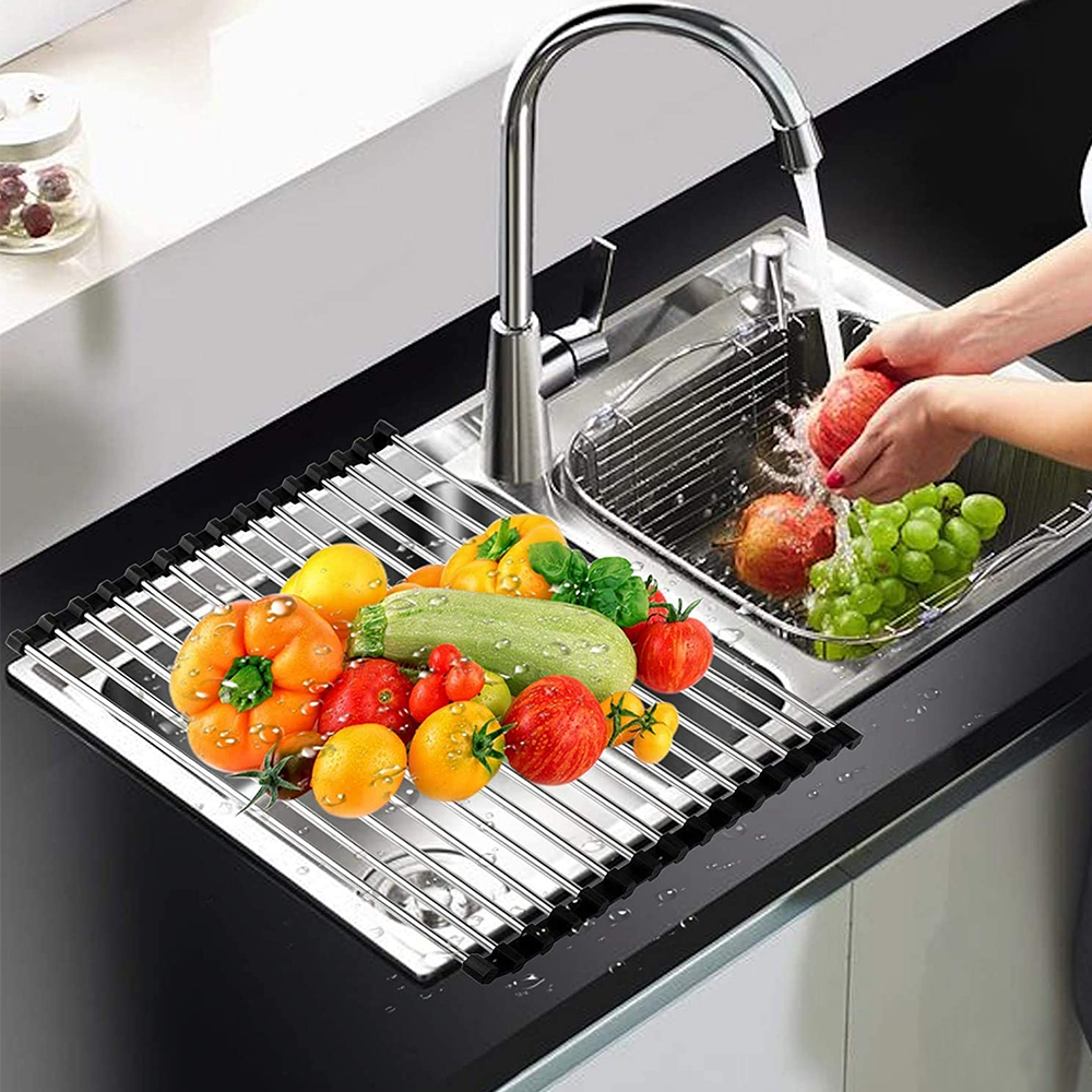 Kitchen Over the Sink Dish Drying Rack Roll Up Stainless Steel Colander Drainer