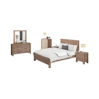 Five Pieces Bedroom Suite in Solid Wood Veneered Acacia Construction - Oak Colour Bed, Bedside Table , Tallboy & Dresser - 3 Sizes