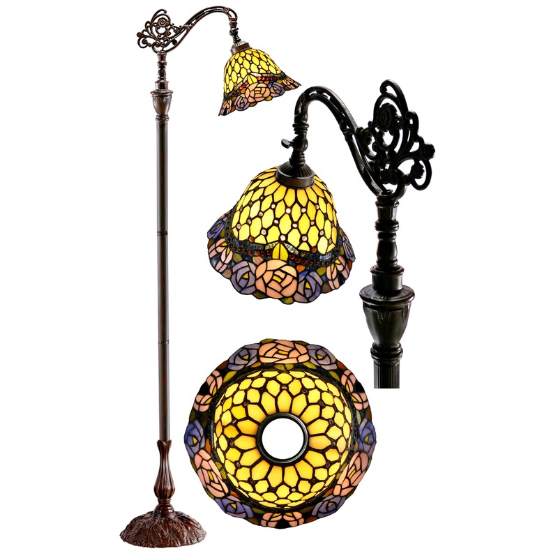Jeweled Rose Leadlight Stained Glass Bridge Arm Floor Lamp Lamps 7427120103221 Jeweled Rose Leadlight Stained Glass, Bridge Arm Floor Lamp