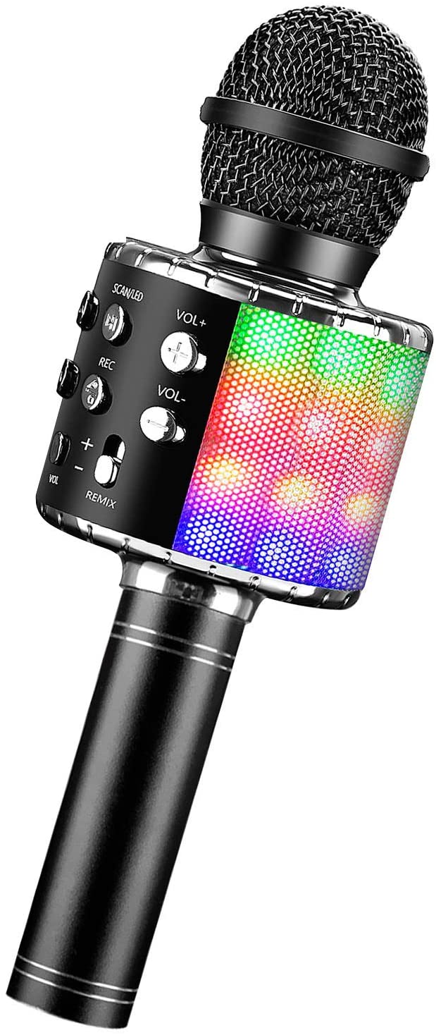 Karaoke Microphone 4 in 1 Bluetooth Karaoke Microphone Wireless Handheld Microphone Portable Speaker Machine Home KTV (Black)