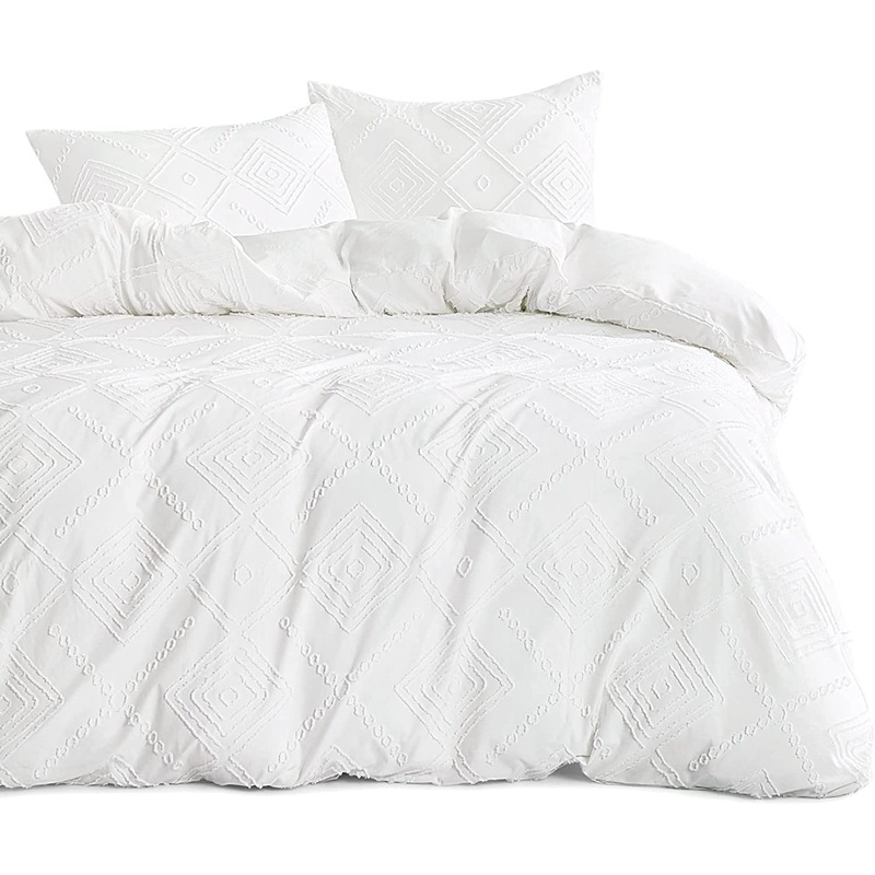 Boho Quilt Cover Set , Ivory Tufted Textured Shabby Chic Farmhouse