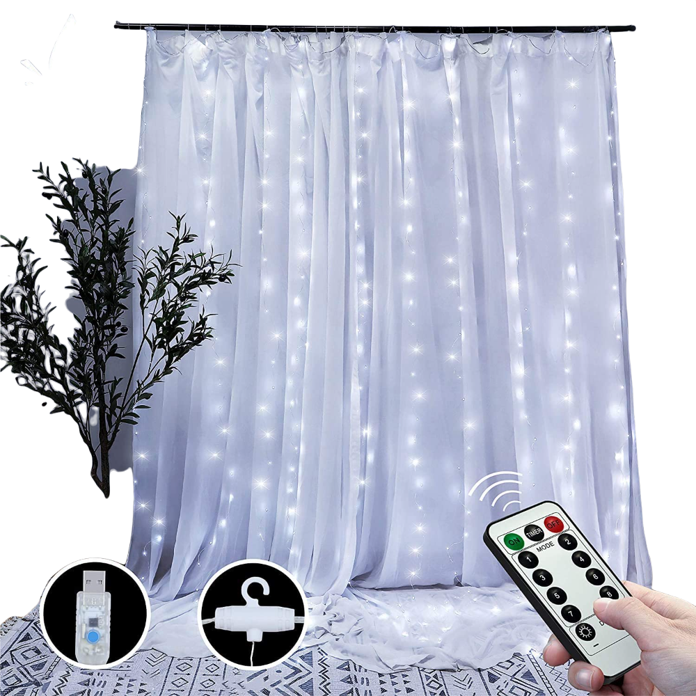 Curtain String Lights with Remote Window Fairy Lights 8 Modes (Cool White)