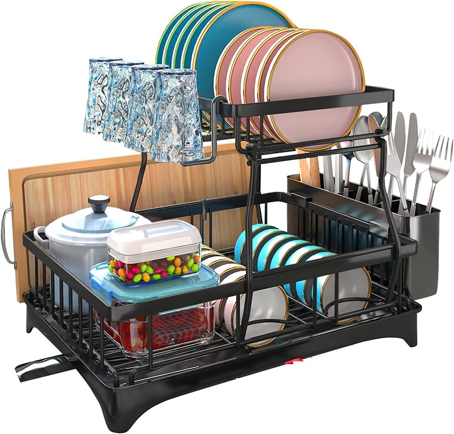 Buy Dish Drying Rack, 2 Tier Large Capacity Drain Board Rack with Drip ...