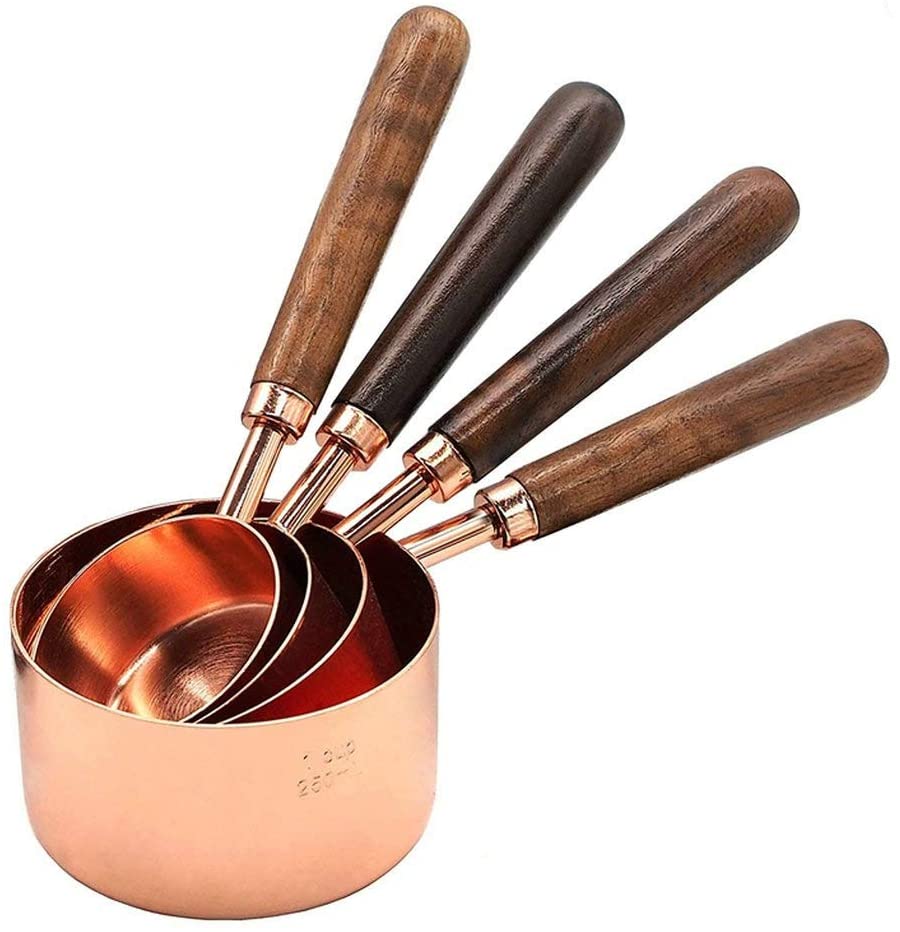 Stainless Steel Measuring Cup with Walnut Handle for Measuring Baking Set of 4 Rose Gold Set of 4 Rose Gold A