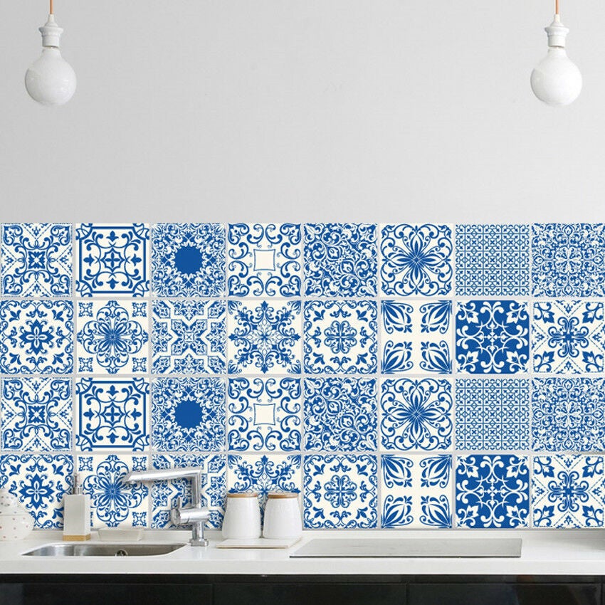 Pack of 16 Blue Tile Stickers Kitchen Bathroom Floor Home Decor