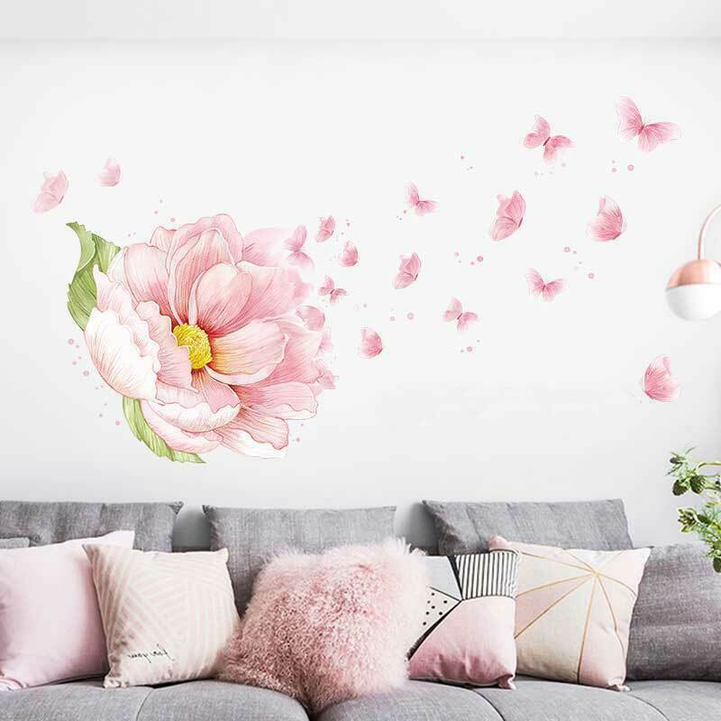 Pink Peony Blossom Butterfly Wall Stickers