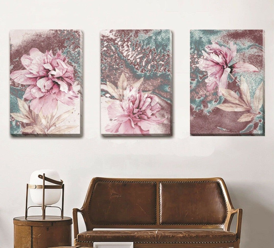 Set Of 3 Pink Flowers Stretched Canvas Print F85