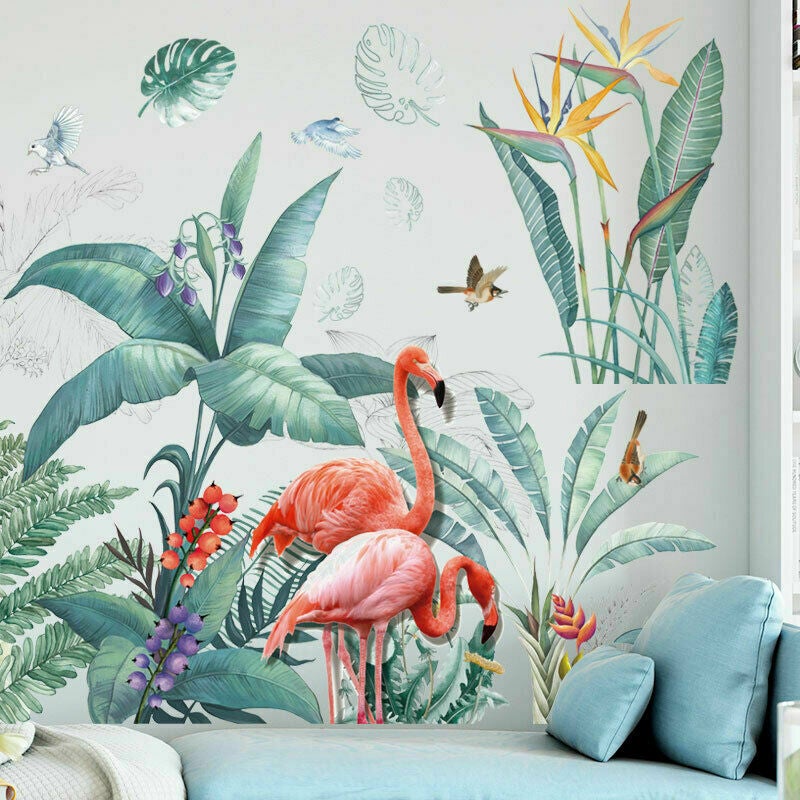 Tropical Plant Leaves Flamingo Removable Wall Sticker