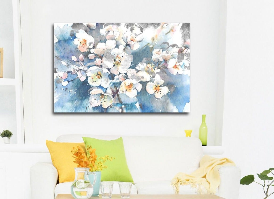 White Blue Flowers Stretched Canvas Prints