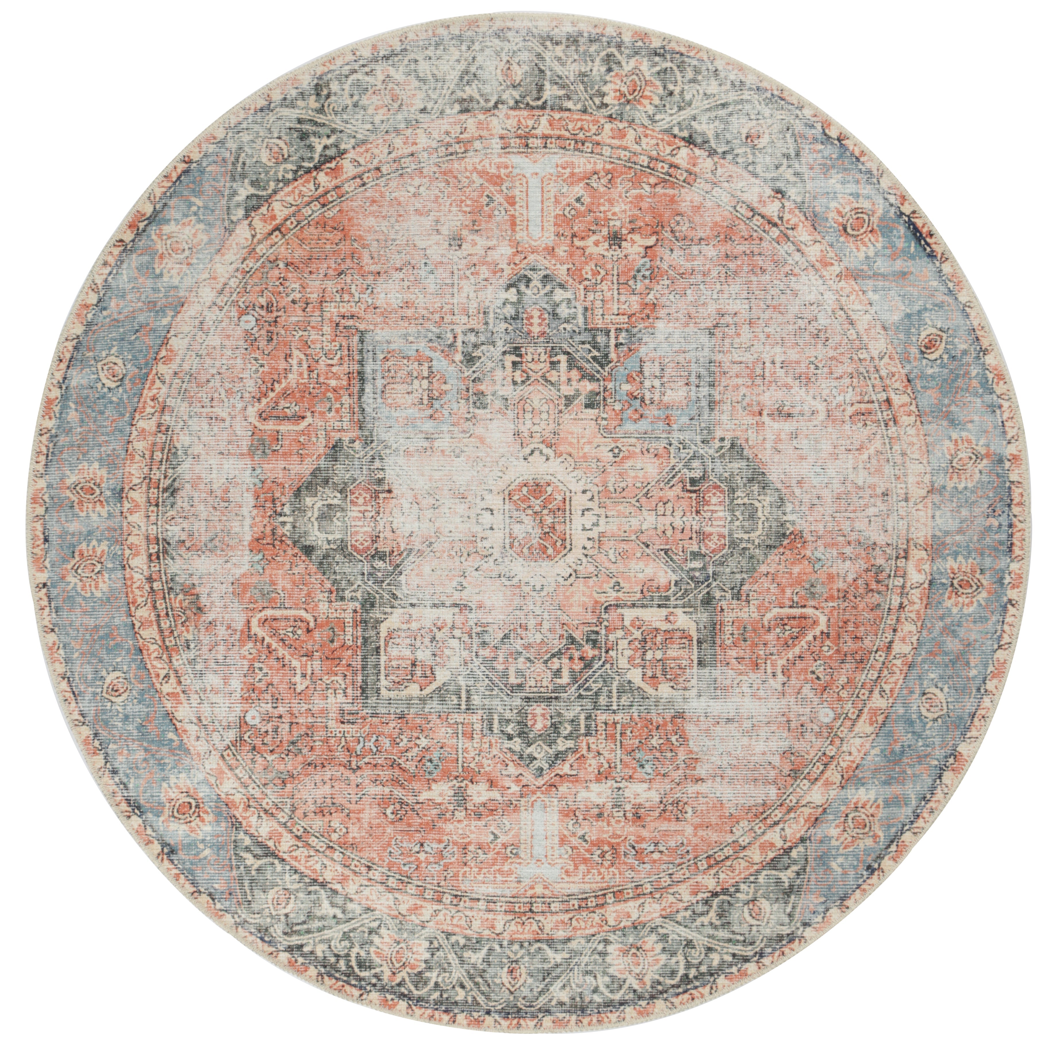Buy Distressed Vintage Cezanne Terracotta Blue Washable Round Rug ...