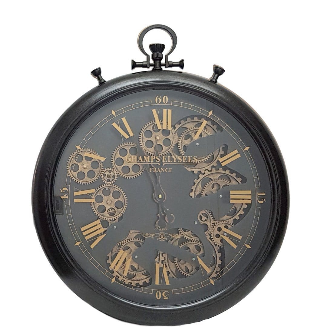Ulysse Noir French Stopwatch moving cogs wall clock Black