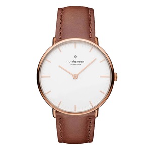 Nordgreen Native 28mm Rose Gold Case Brown Leather Strap Watch