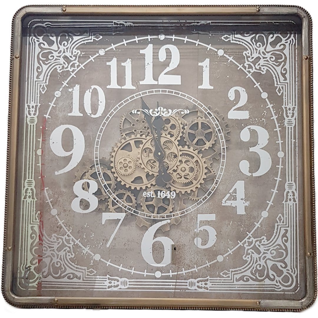 Square 80cm Roma mirrored moving cogs wall clock - Gold w/ silver