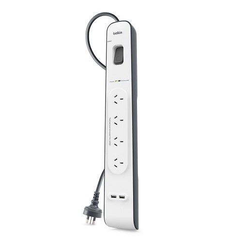 BELKIN 2.4 Amp USB Charging 4-outlet Surge Protection Strip - White/Grey