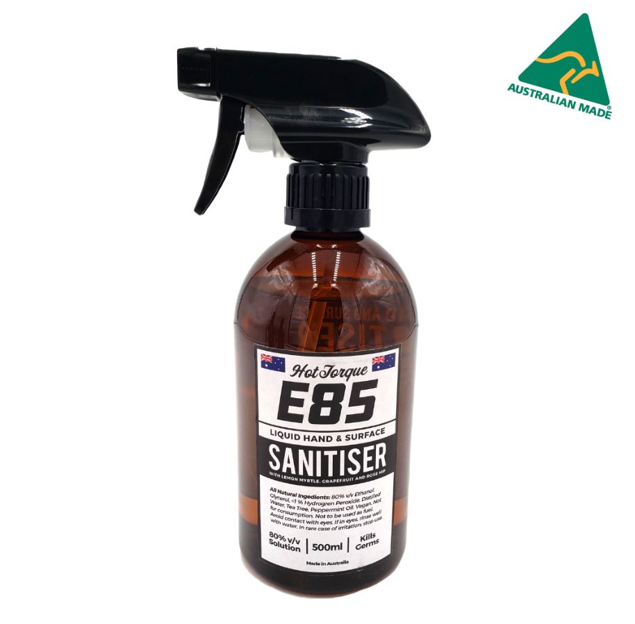 E85 Hand & Surface Sanitiser 500ml, 80% Ethanol, 100% Australian Made, WHO & TGA Standard, Natural Ingredients, Tea Tree & Peppermint Oil
