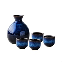 Blue Ceramic Japanese Sake Set Cups & Saucers
