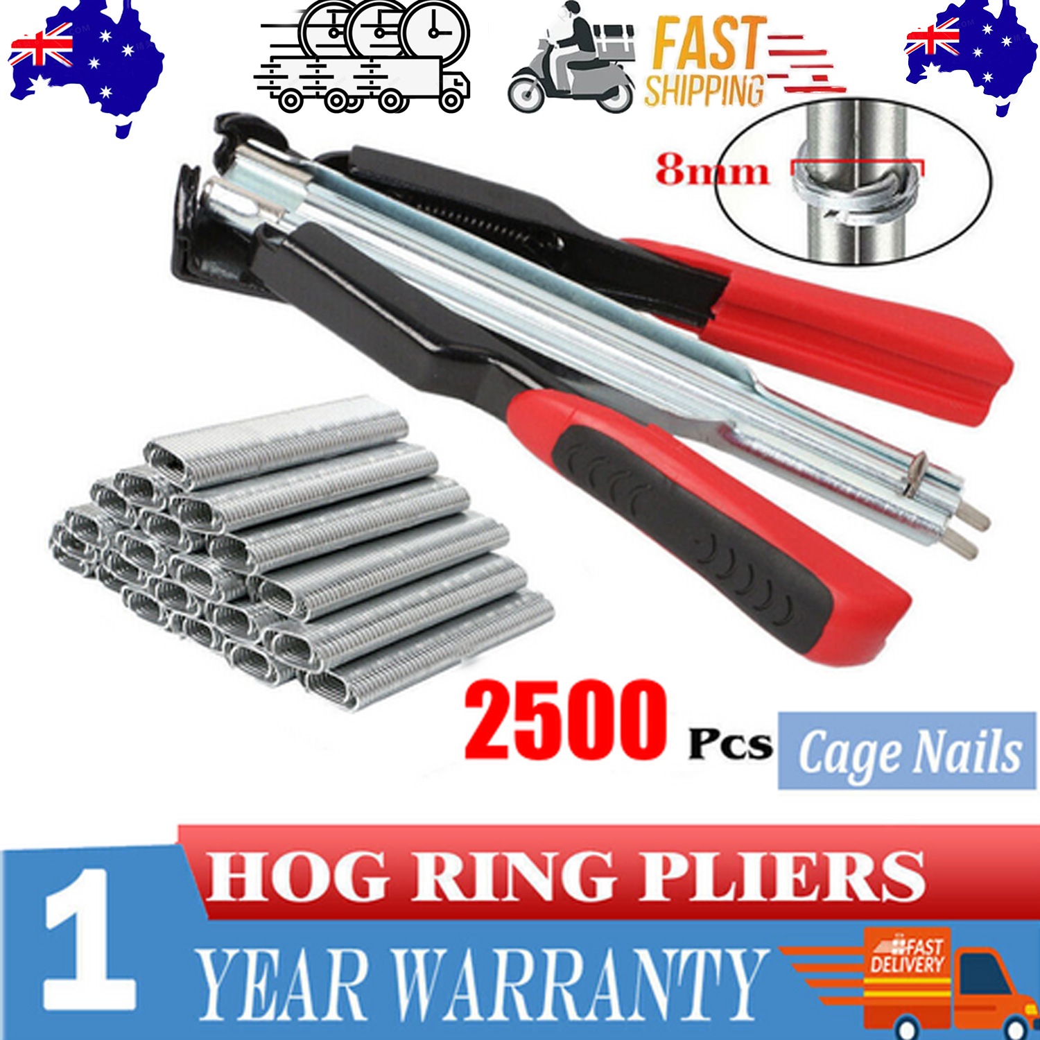 Hog Ring Gun C Clip Auto Feed Nailer With 2500Pcs Galvanised Steel Rings Pliers Australia