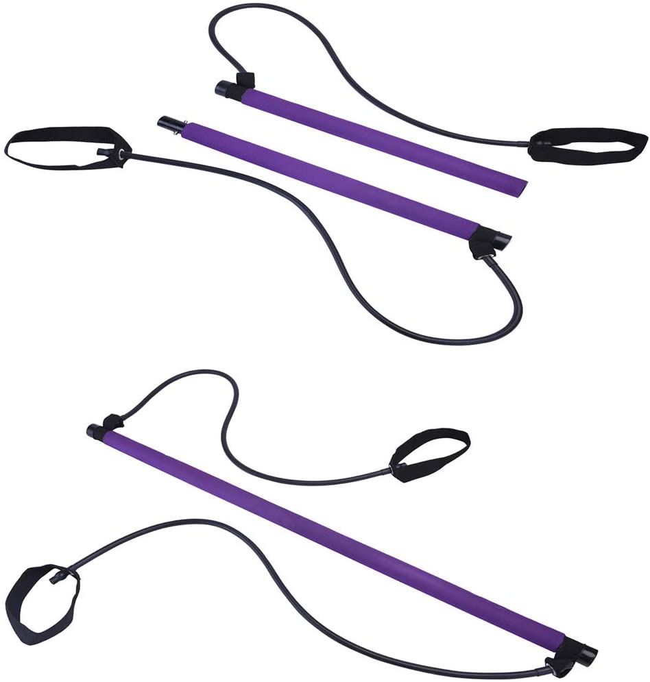 Portable Pilates Bar Kit Resistance Band Yoga Stretch Rope Pink/Purple Home Gym Fitness Exercise Equipment