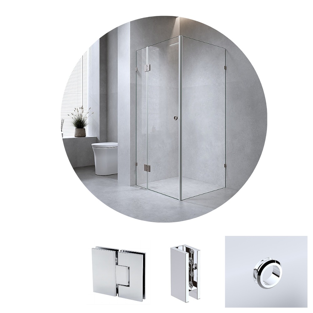 100x80cm Corner Frameless Shower Screen with Chrome Brackets and Brass Hinges - Wall U-Brackets