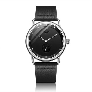 Silver Shell Black Face Elegant Men's Watch With Leather Band Small Seconds Onion Crown Detail Watches