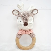 Natural & Handmade Crochet Wooden Rattle Teether Ring - Deer