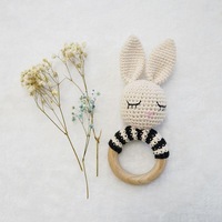Natural & Handmade Crochet Wooden Rattle Teether Ring - Sleeping Bunny
