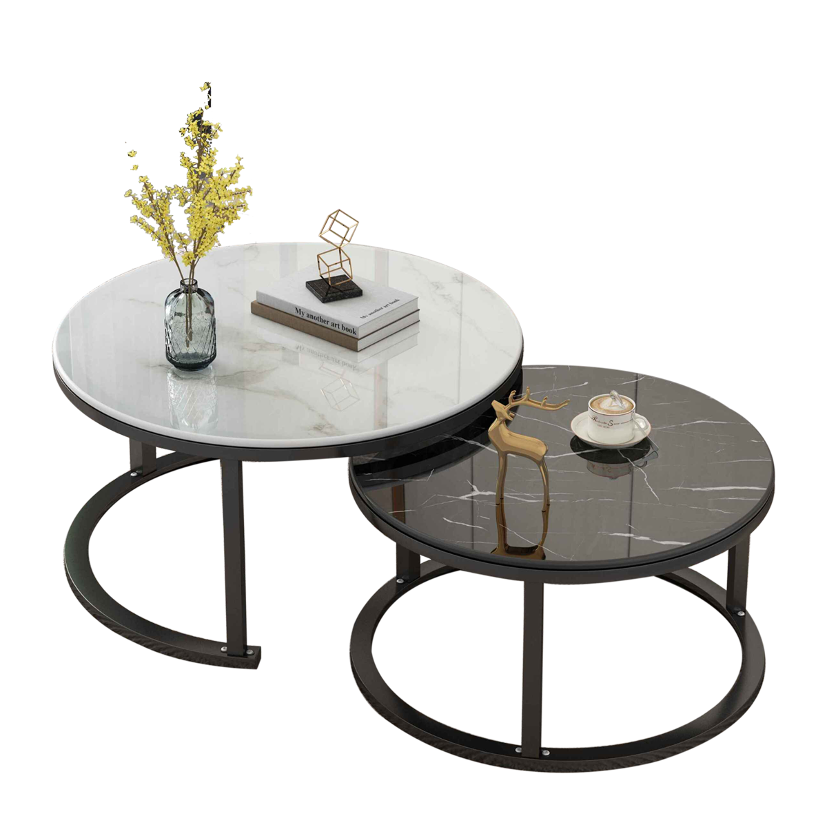 Foret Coffee Table Nesting Side Tables 2pc Set Tea Marble Look Glass finish