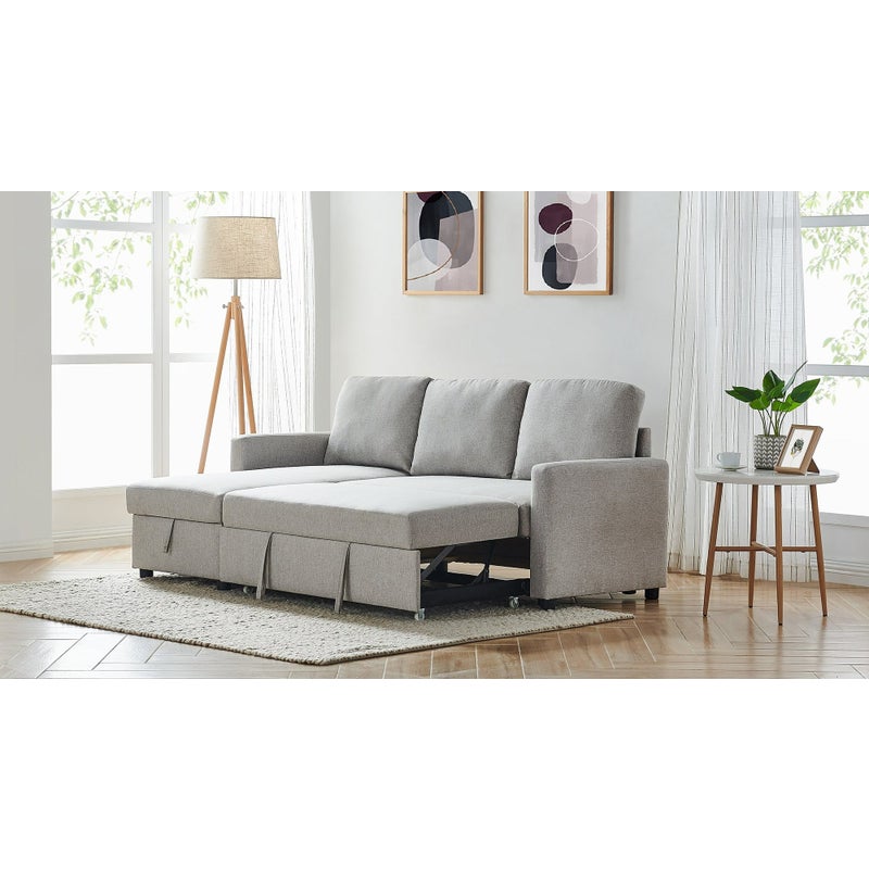 2m Linen Fabric 3 Seater Pullout Sofa, Bandlon Sofa Chaise With Pull Out Sleeper And Storage Units