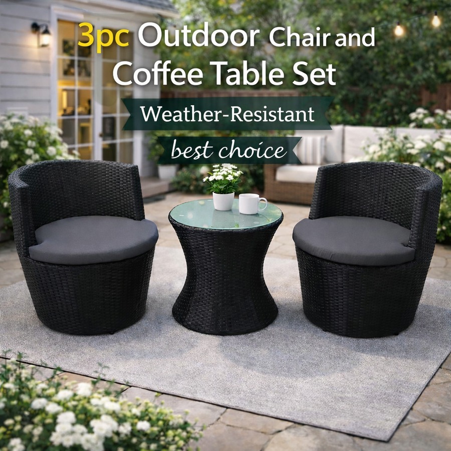 Elora 3pc Round Rattan Bistro Set Outdoor Patio Chairs w/ Glass Table Balcony