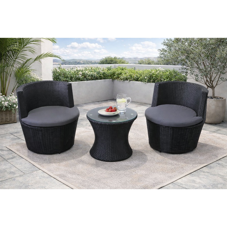 Elora 3pc Round Rattan Bistro Set Outdoor Patio Chairs w/ Glass Table Balcony