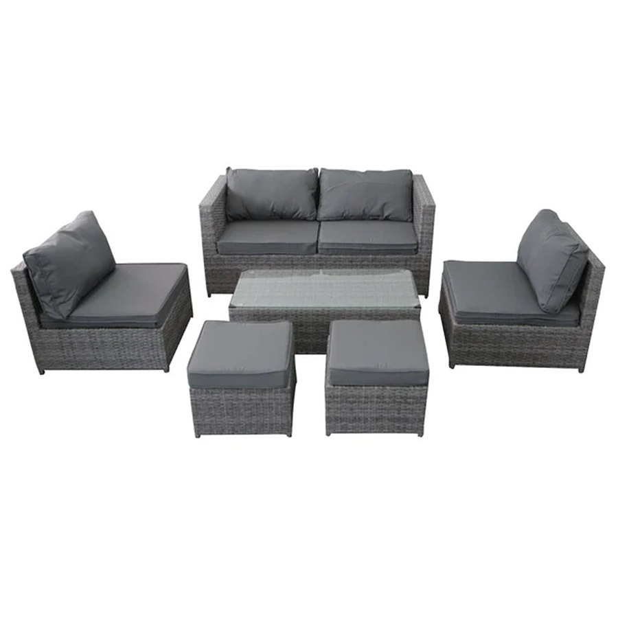 Elora 6pc Outdoor Rattan Wicker Sofa Set with Cushions Glass Table for Patio