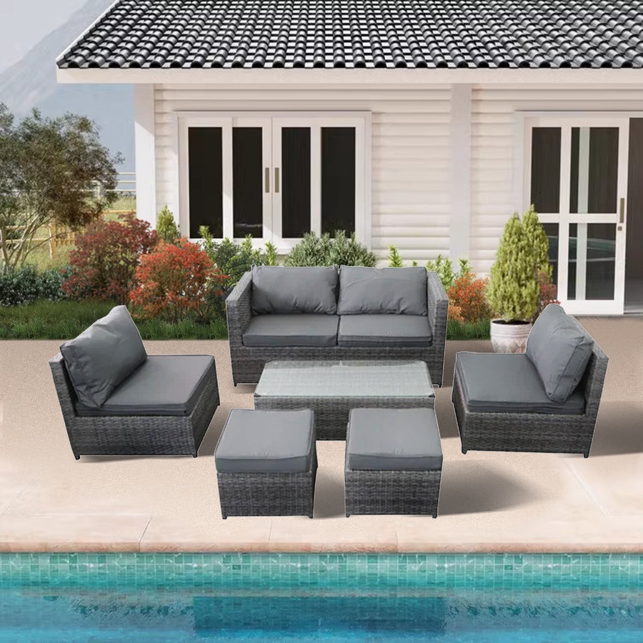 Elora 6pc Outdoor Rattan Wicker Sofa Set with Cushions Glass Table for Patio