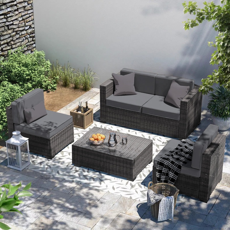 Elora 6pc Outdoor Rattan Wicker Sofa Set with Cushions Glass Table for Patio