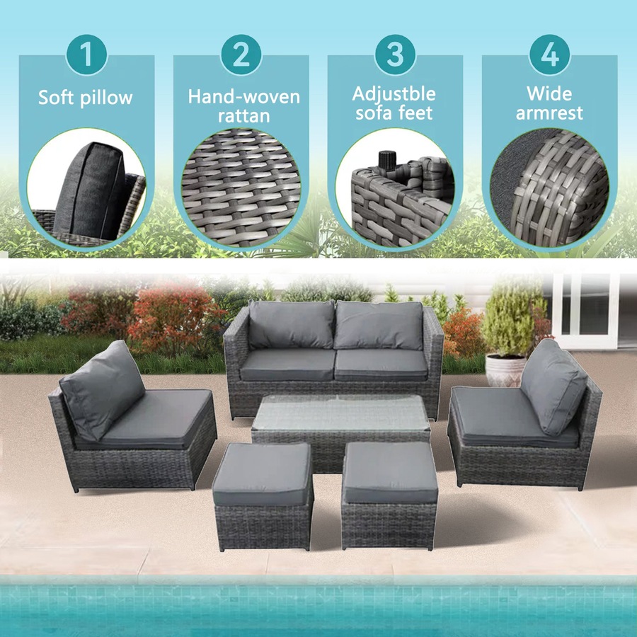 Elora 6pc Outdoor Rattan Wicker Sofa Set with Cushions Glass Table for Patio